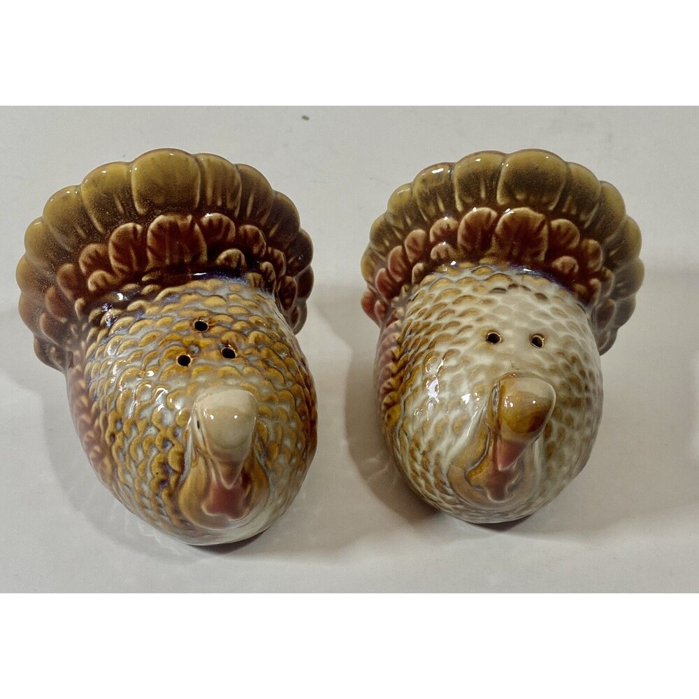 Turkey Salt Pepper Gobbler Hen Hand Painted Earthtones Thanksgiving Fall